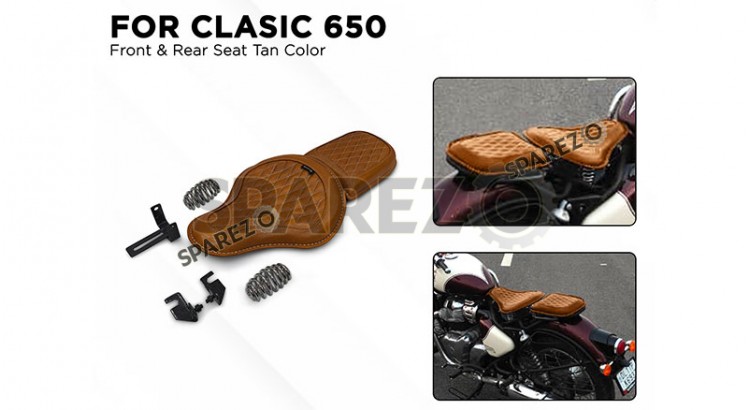 For Royal Enfield Classic 650 Genuine Leather Front and Rear Seat Tan Color - SPAREZO For Royal Enfield Classic 650 Genuine Leather Front and Rear Seat Tan Color - SPAREZO